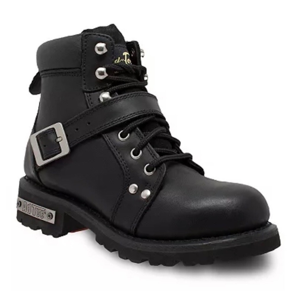 Ride Tecs Mens Black Leather Motorcycle Boots Lace Up Side Zip Lug Sole size 6